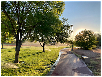 Sunshine in a city park with sprinklers